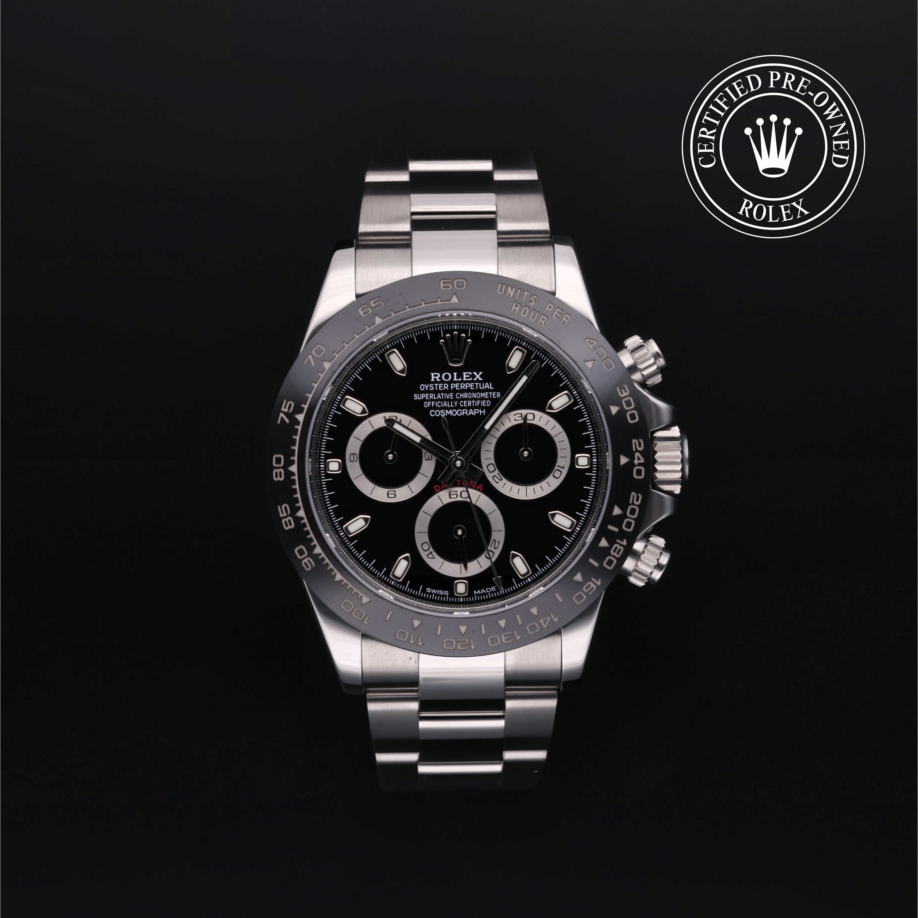 Rolex Certified Pre-owned Daytona M116500LN-0002 front on black background
