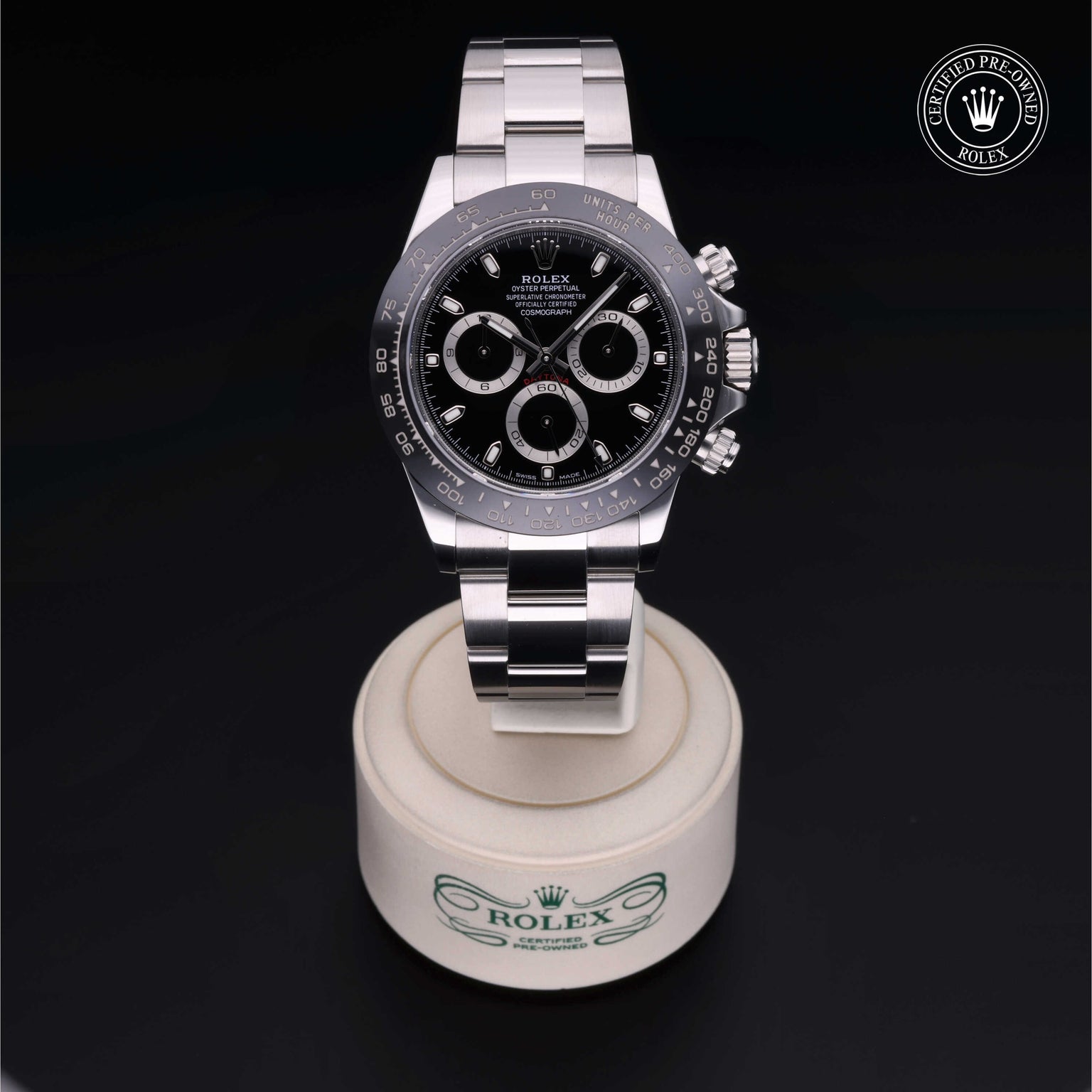 Rolex Certified Pre-owned Daytona M116500LN-0002 front on black background