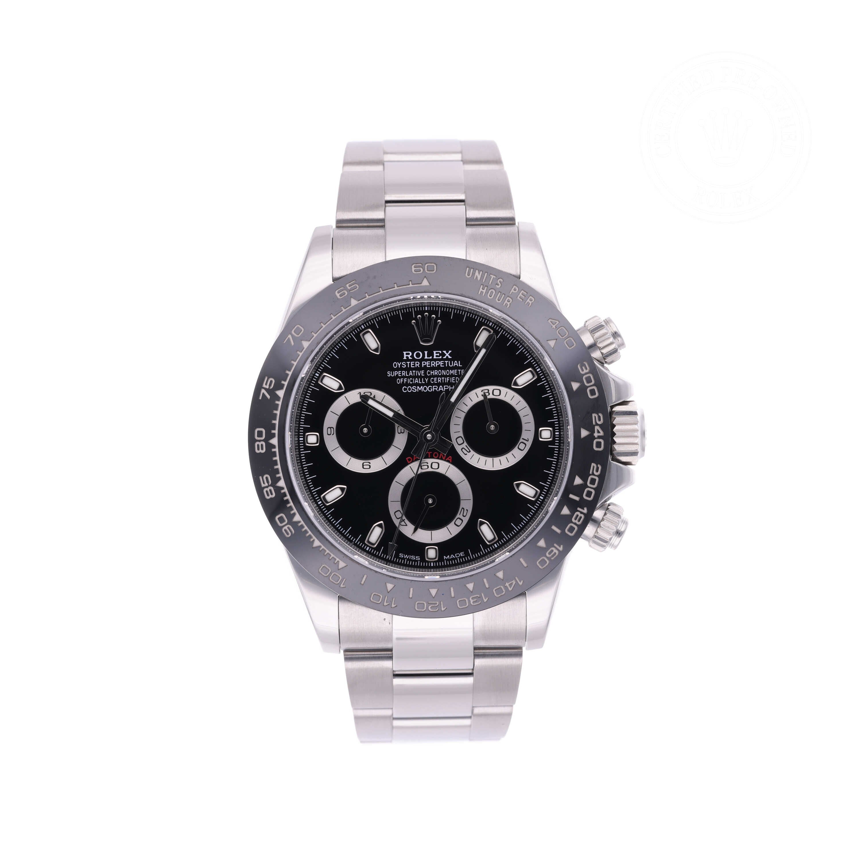 Rolex Certified Pre-owned Daytona M116500LN-0002 front on white background