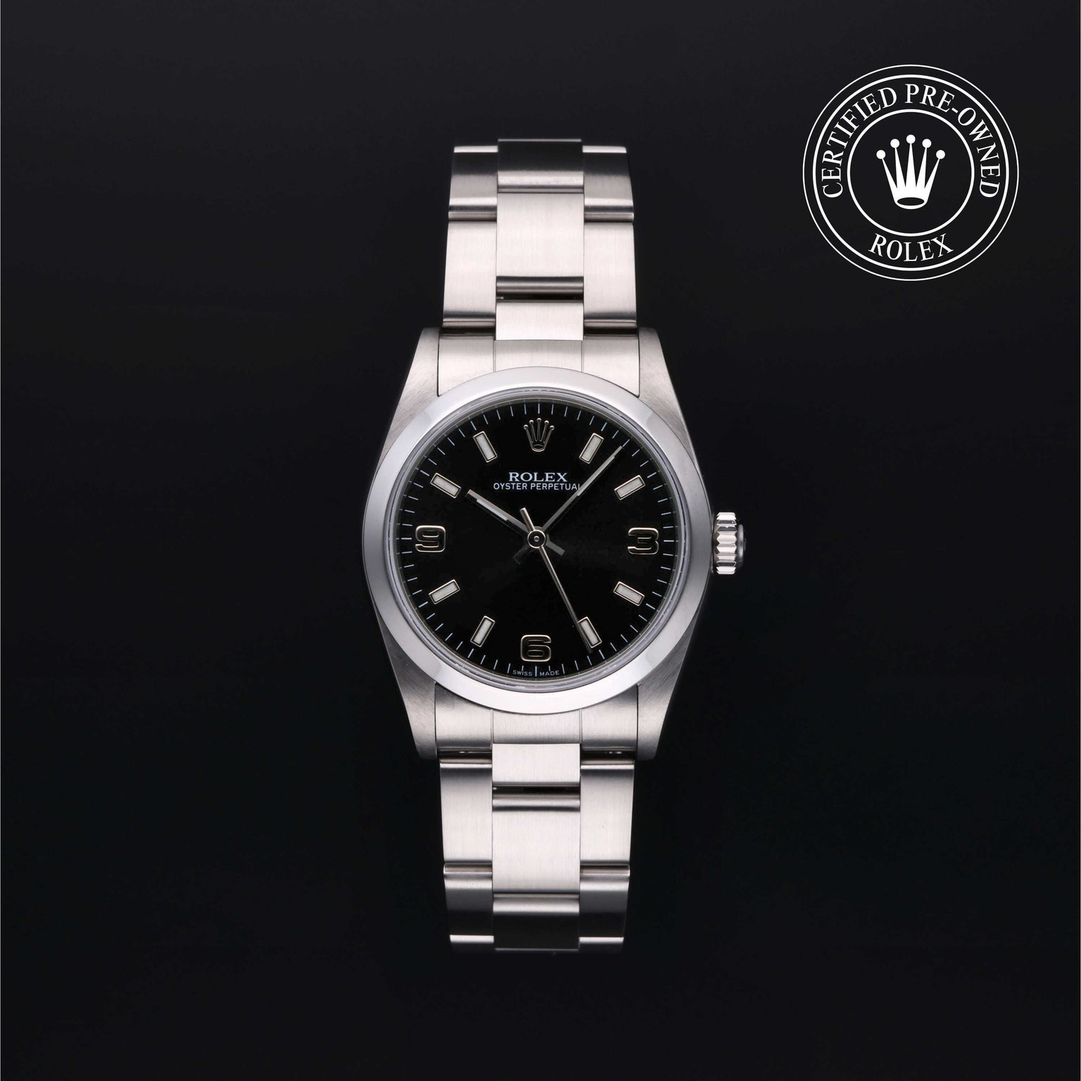 Rolex Certified Pre-owned Oyster Perpetual M77080-0022 front on black background