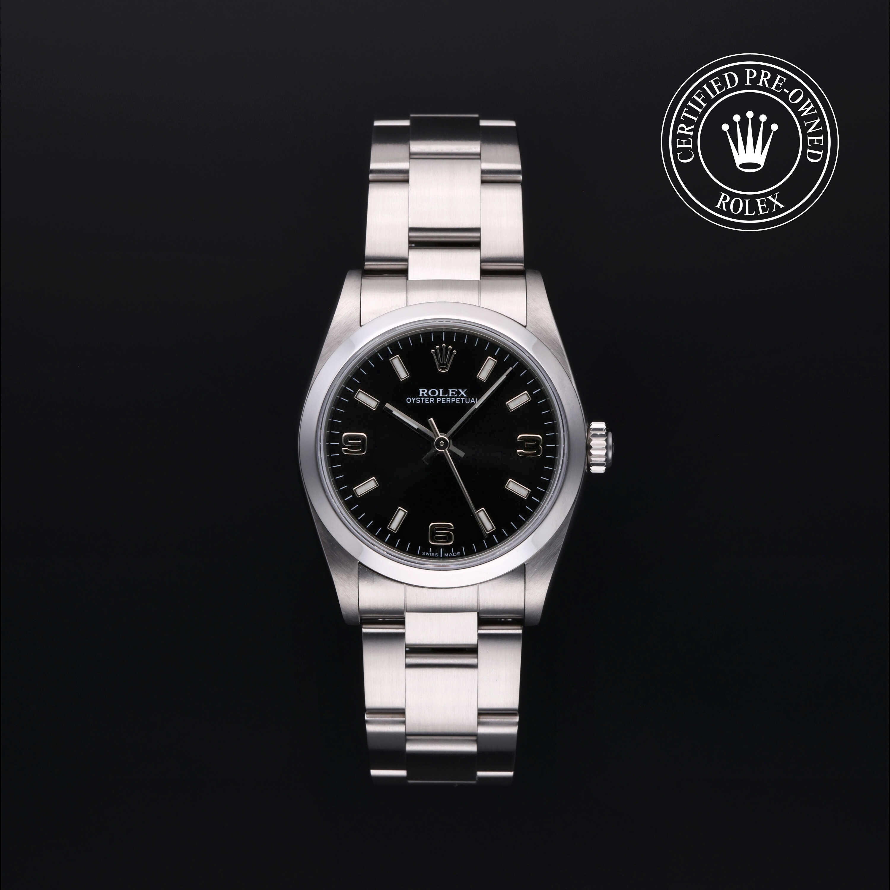 Rolex Certified Pre-owned Oyster Perpetual M77080-0022 front on black background