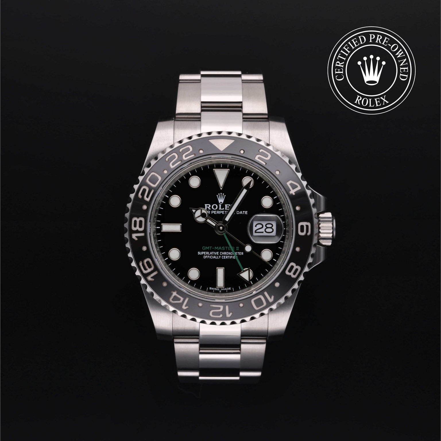 Rolex Certified Pre-owned GMT M116710LN-0001 front on black background