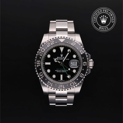 Rolex Certified Pre-owned GMT M116710LN-0001 front on black background