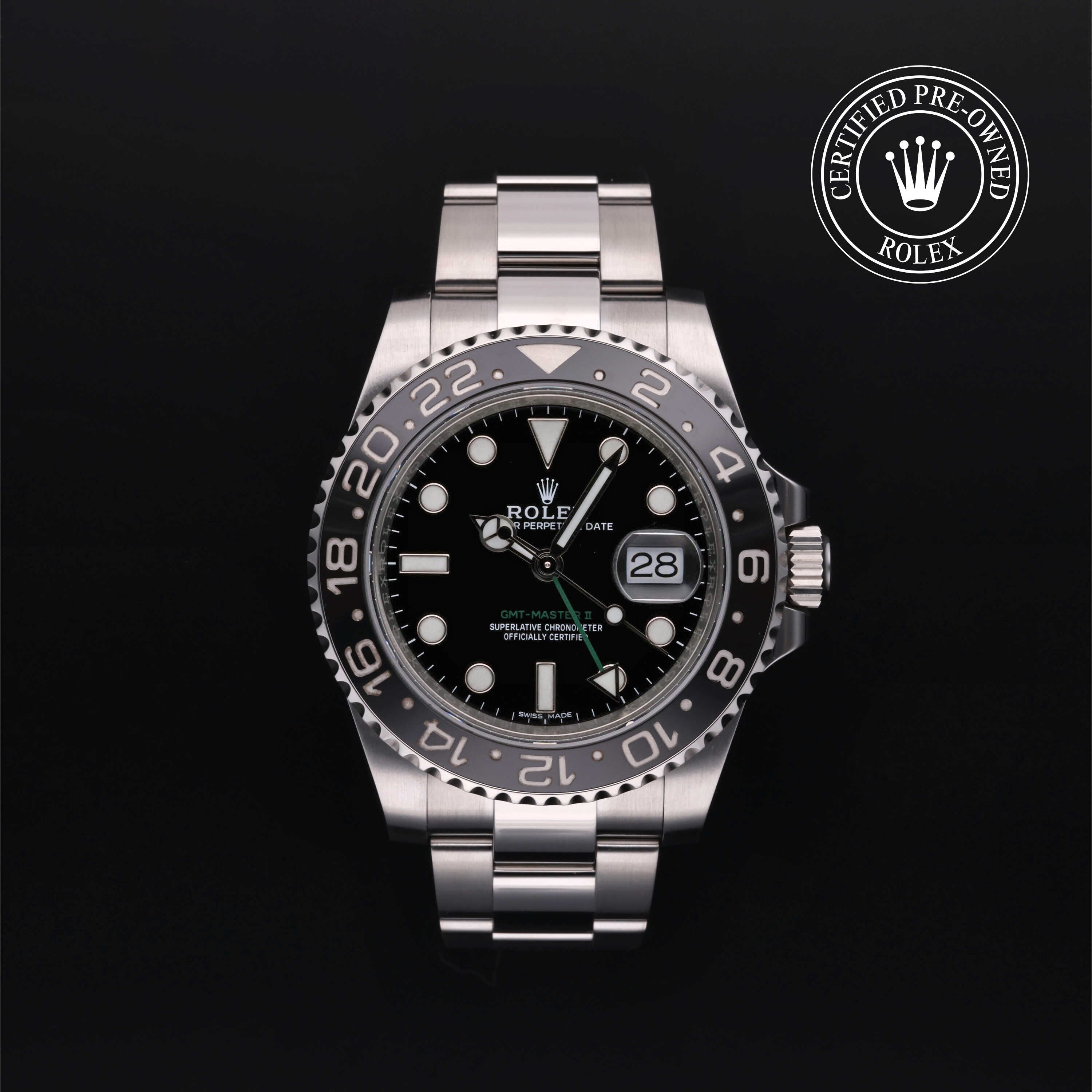 Rolex Certified Pre-owned GMT M116710LN-0001 front on black background