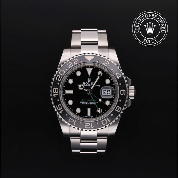 Rolex Certified Pre-owned GMT M116710LN-0001 front on black background