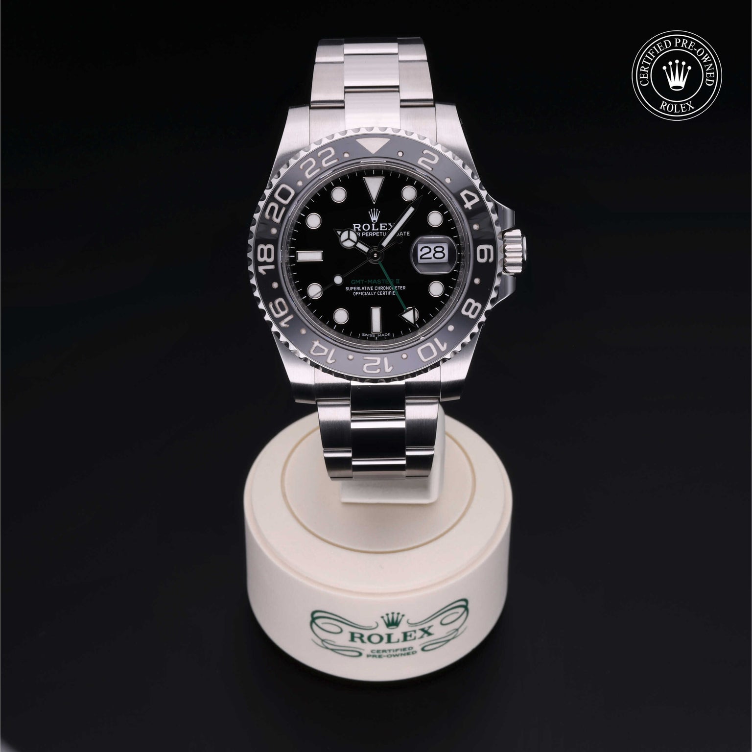 Rolex Certified Pre-owned GMT M116710LN-0001 front on black background