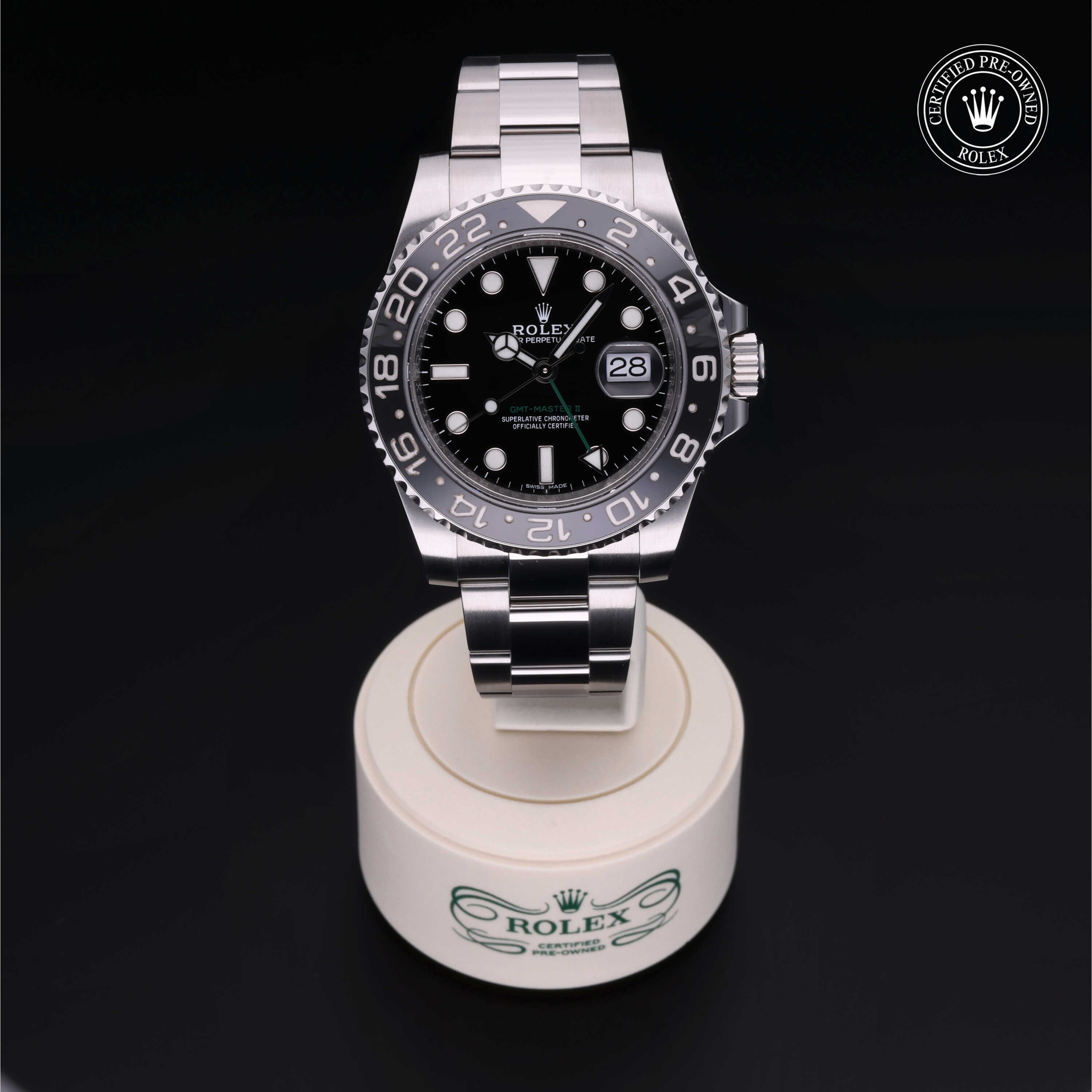 Rolex Certified Pre-owned GMT M116710LN-0001 front on black background