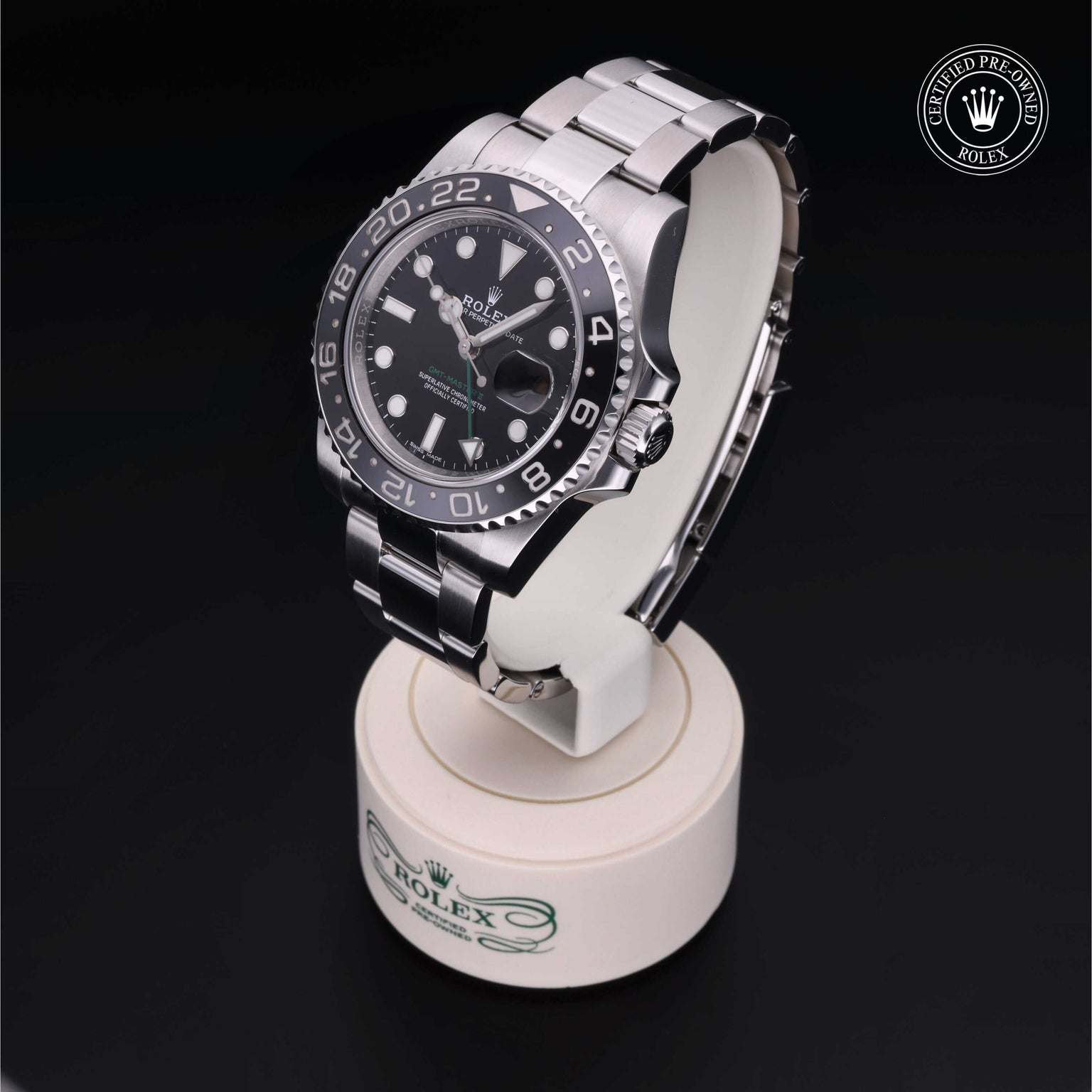 Rolex Certified Pre-owned GMT M116710LN-0001 front on black background