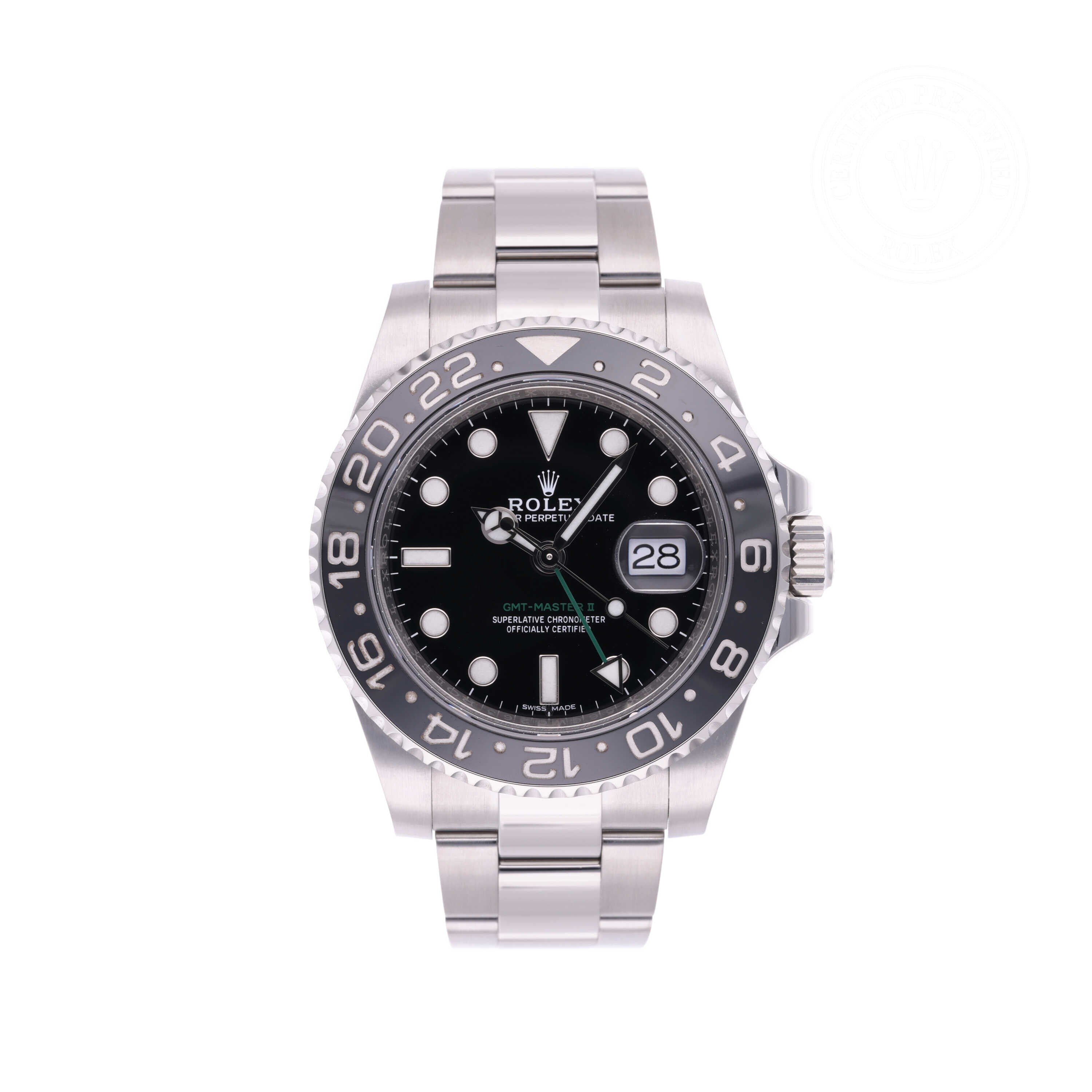 Rolex Certified Pre-owned GMT M116710LN-0001 front on white background