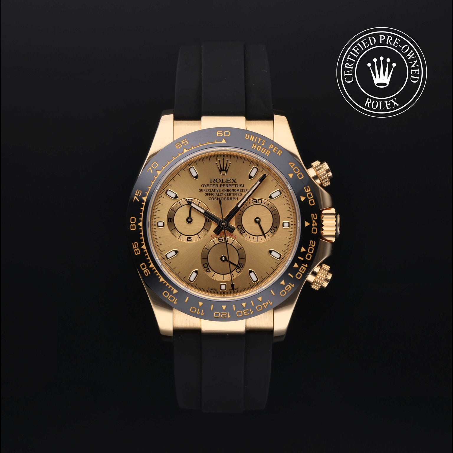 Rolex Certified Pre-owned Daytona M116518LN-0034 front on black background