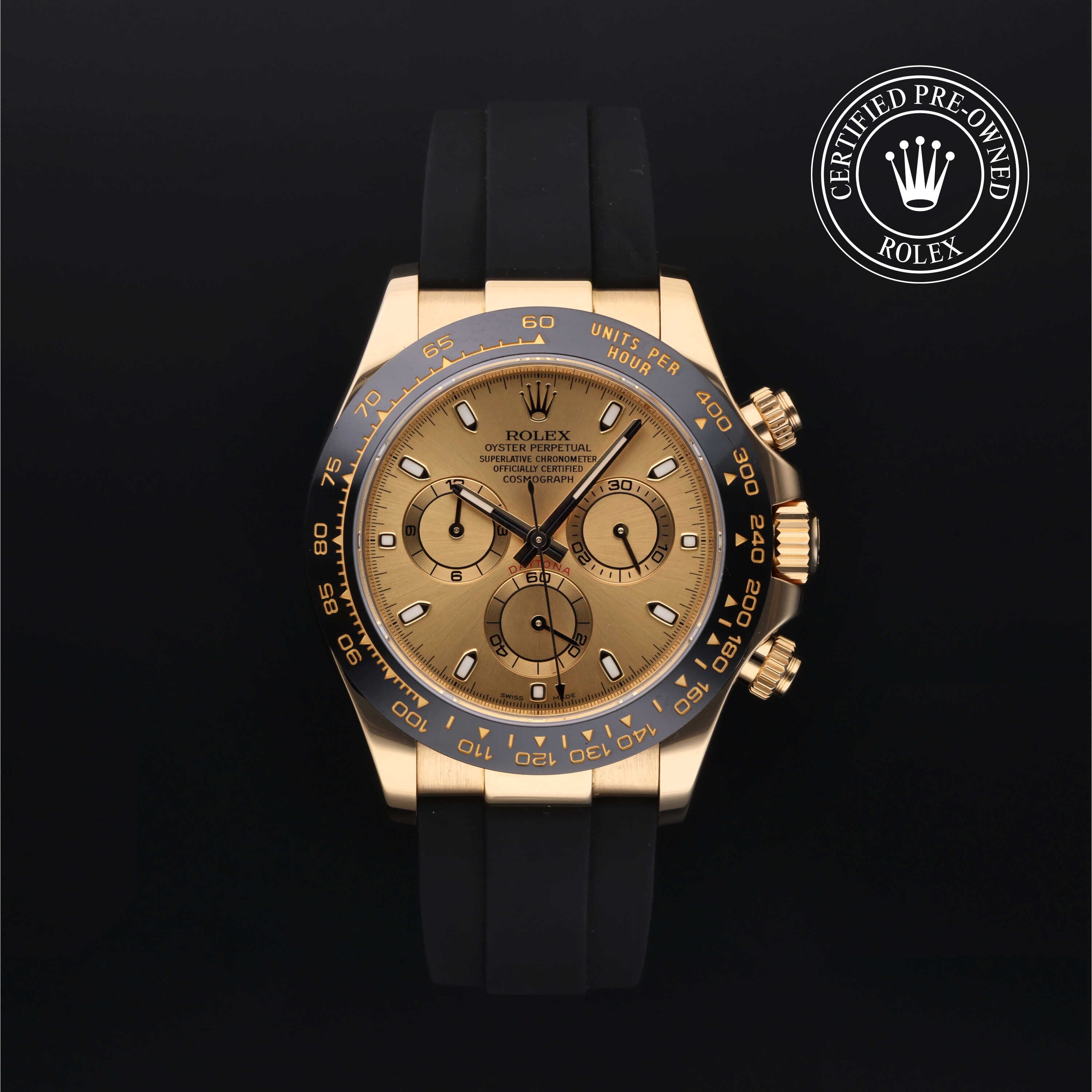 Rolex Certified Pre-owned Daytona M116518LN-0034 front on black background
