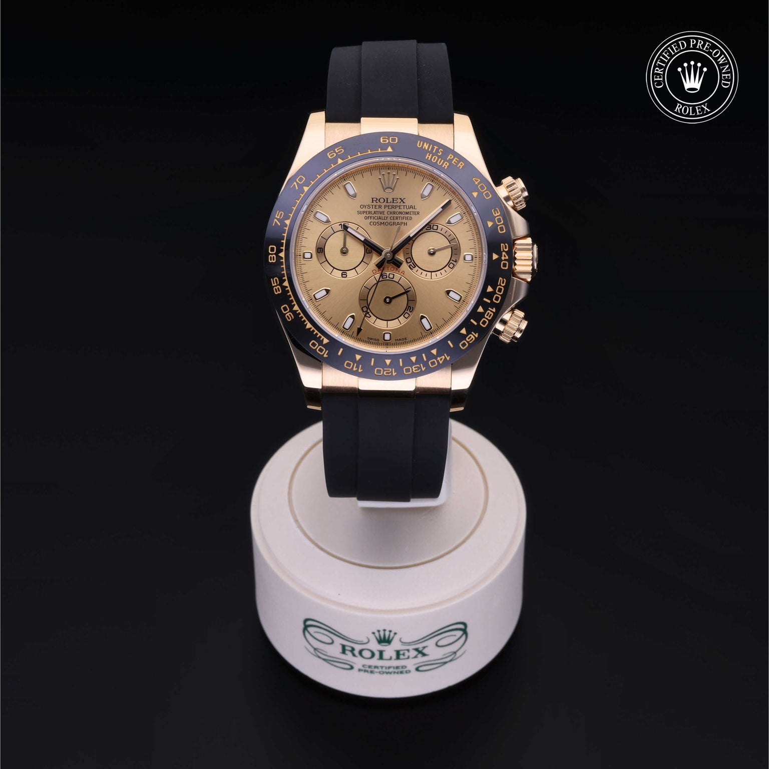 Rolex Certified Pre-owned Daytona M116518LN-0034 front on black background