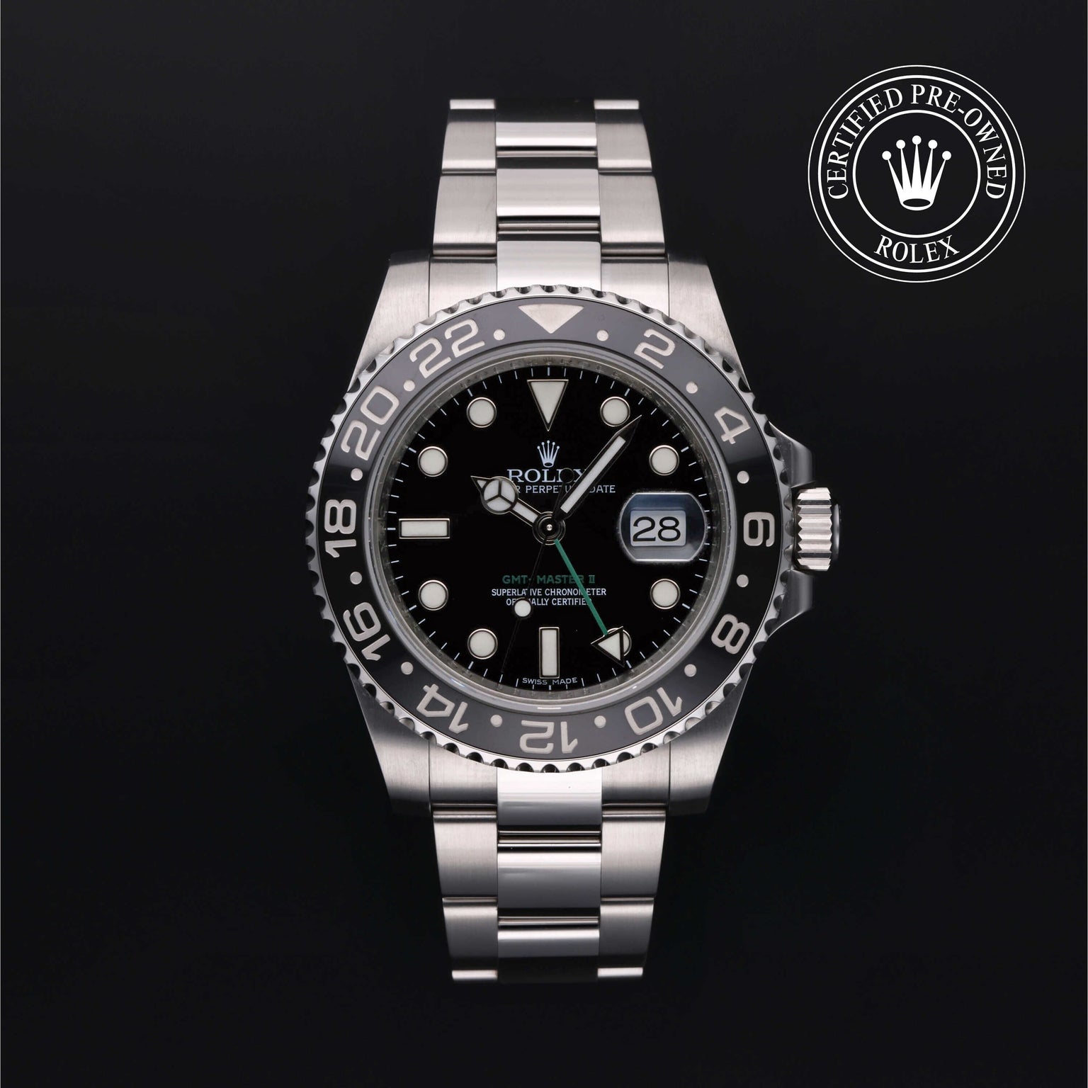 Rolex Certified Pre-owned GMT M116710LN-0001 front on black background