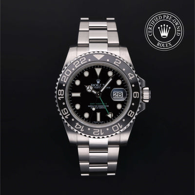 Rolex Certified Pre-owned GMT M116710LN-0001 front on black background