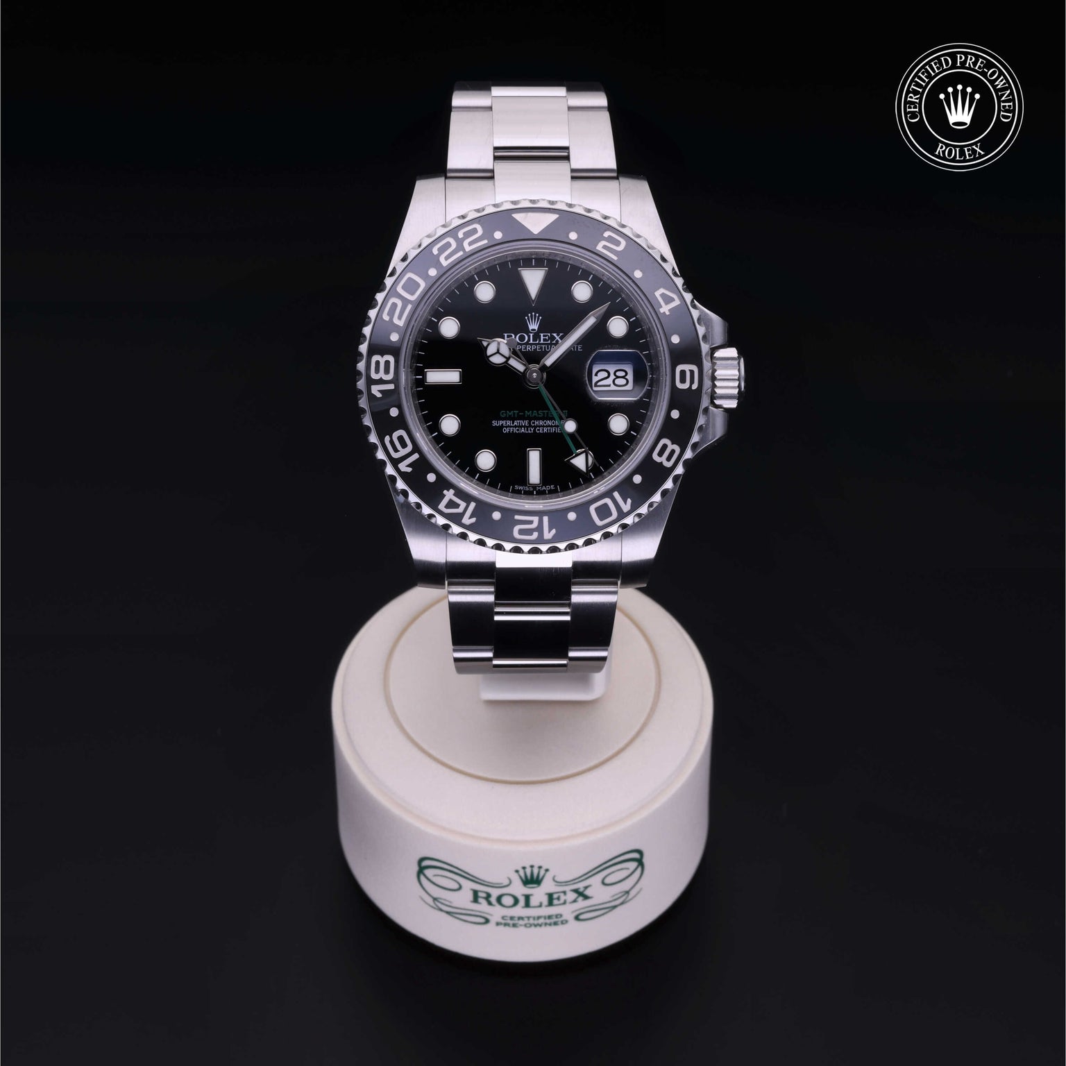 Rolex Certified Pre-owned GMT M116710LN-0001 front on black background
