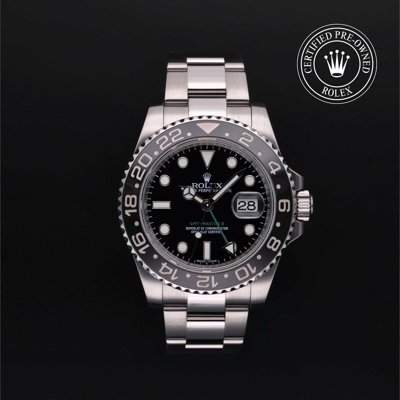 Rolex Certified Pre-owned GMT M116710LN-0001 front on black background