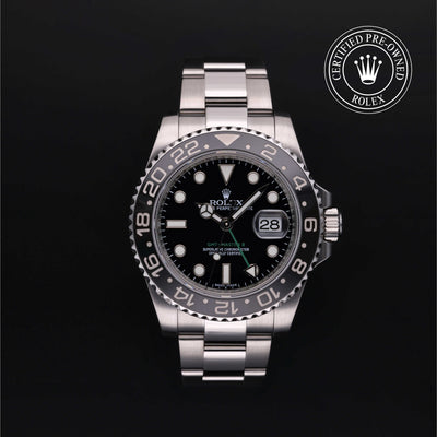 Rolex Certified Pre-owned GMT M116710LN-0001 front on black background