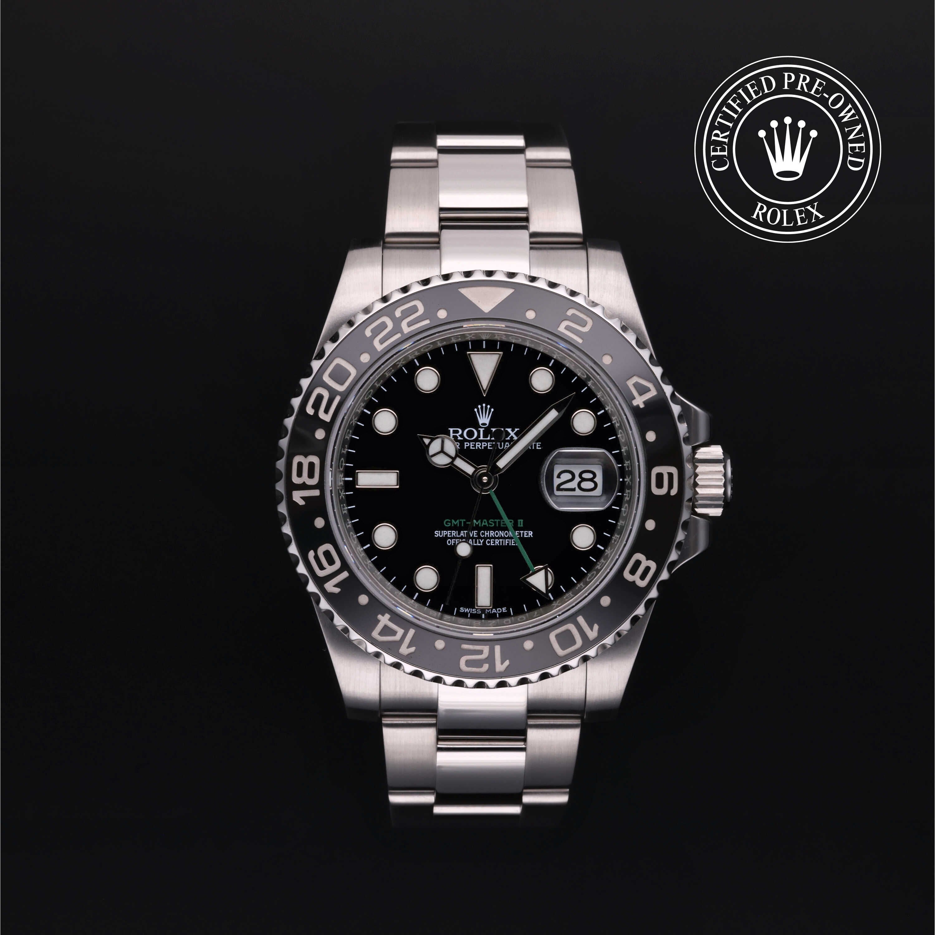 Rolex Certified Pre-owned GMT M116710LN-0001 front on black background