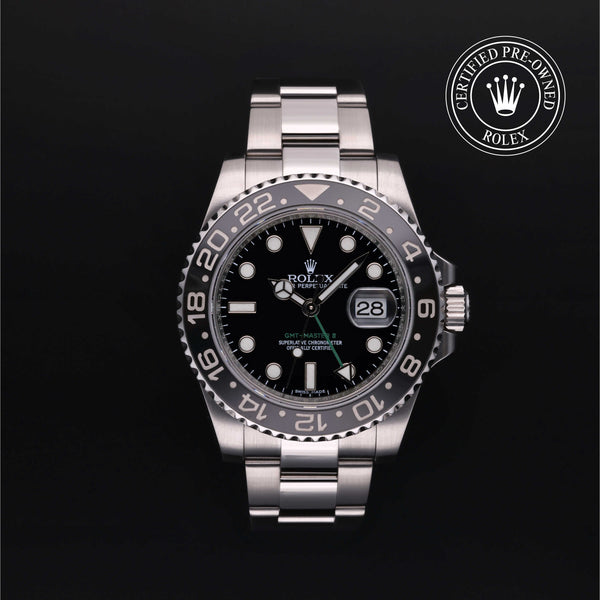 Rolex Certified Pre-owned GMT M116710LN-0001 front on black background