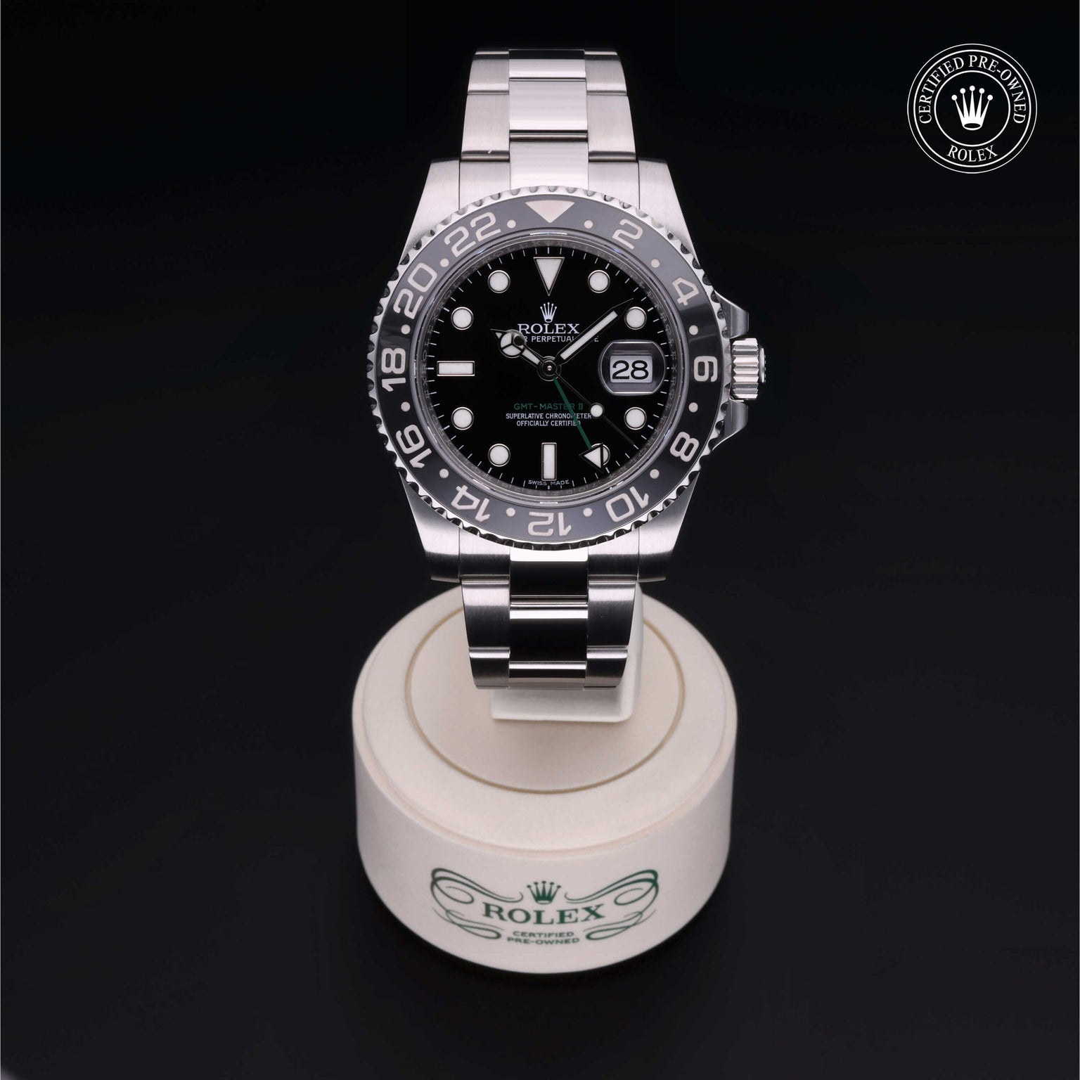 Rolex Certified Pre-owned GMT M116710LN-0001 front on black background