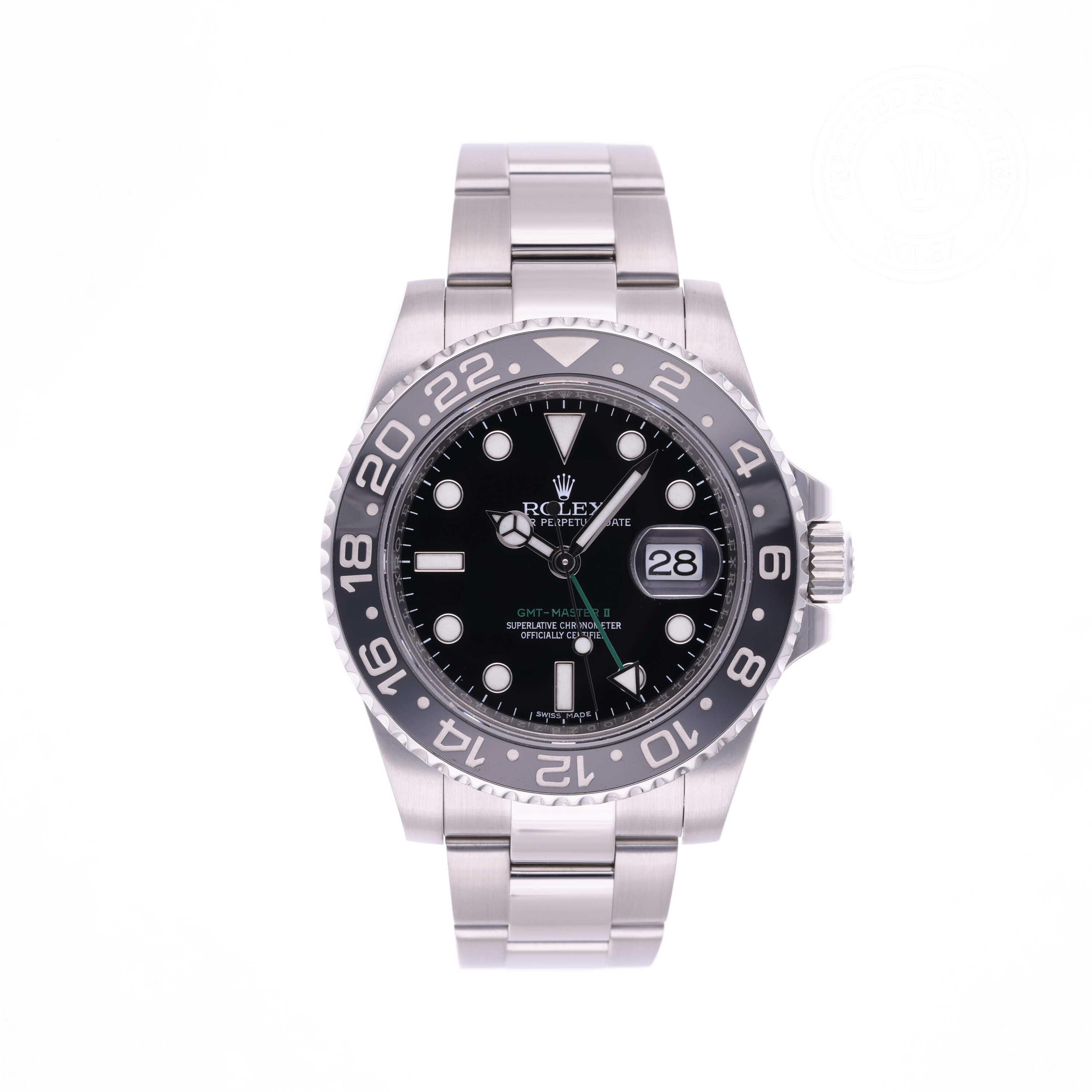 Rolex Certified Pre-owned GMT M116710LN-0001 front on white background