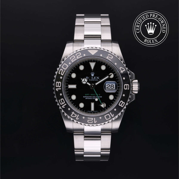 Rolex Certified Pre-owned GMT M116710LN-0001 front on black background