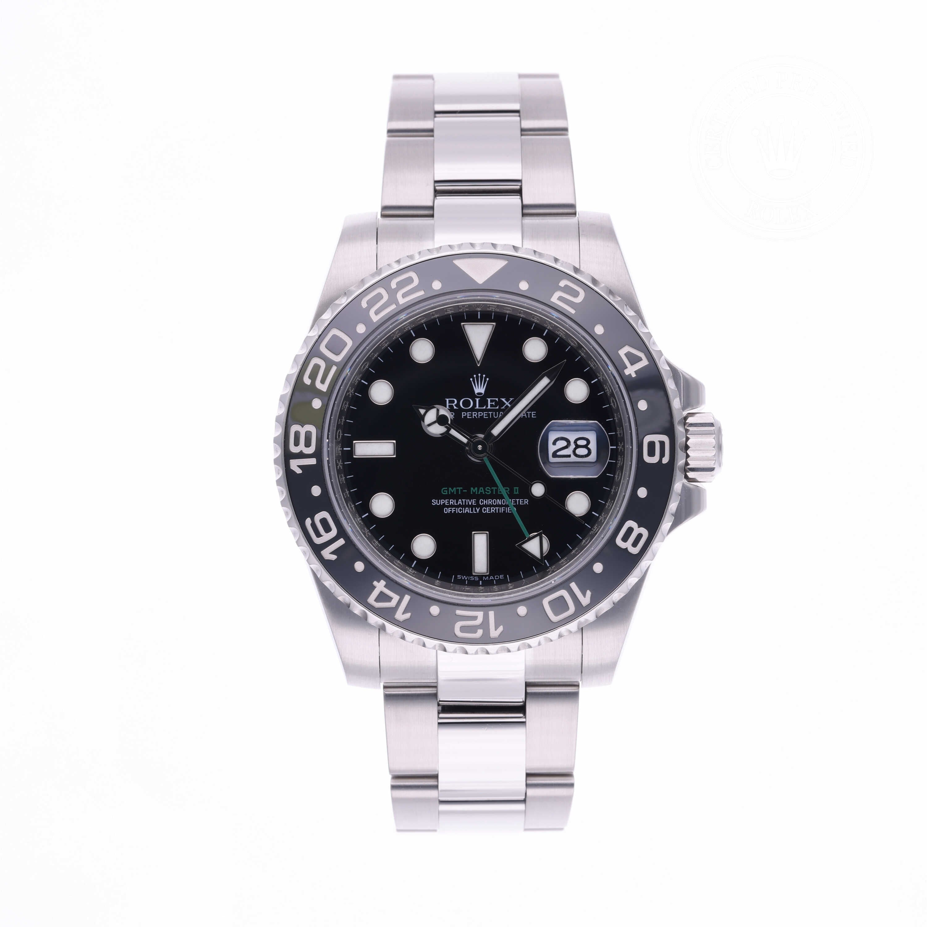 Rolex Certified Pre-owned GMT M116710LN-0001 front on white background