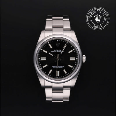 Rolex Certified Pre-owned Oyster Perpetual M124300-0002 front on black background