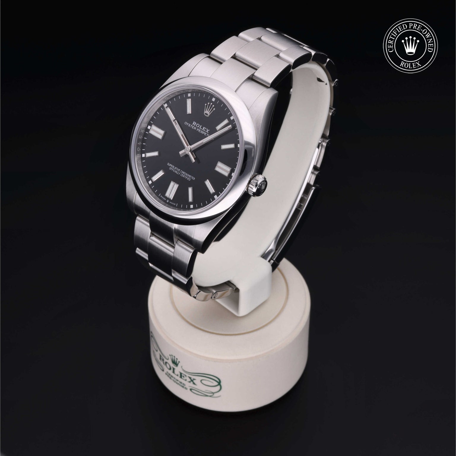 Rolex Certified Pre-owned Oyster Perpetual M124300-0002 front on black background