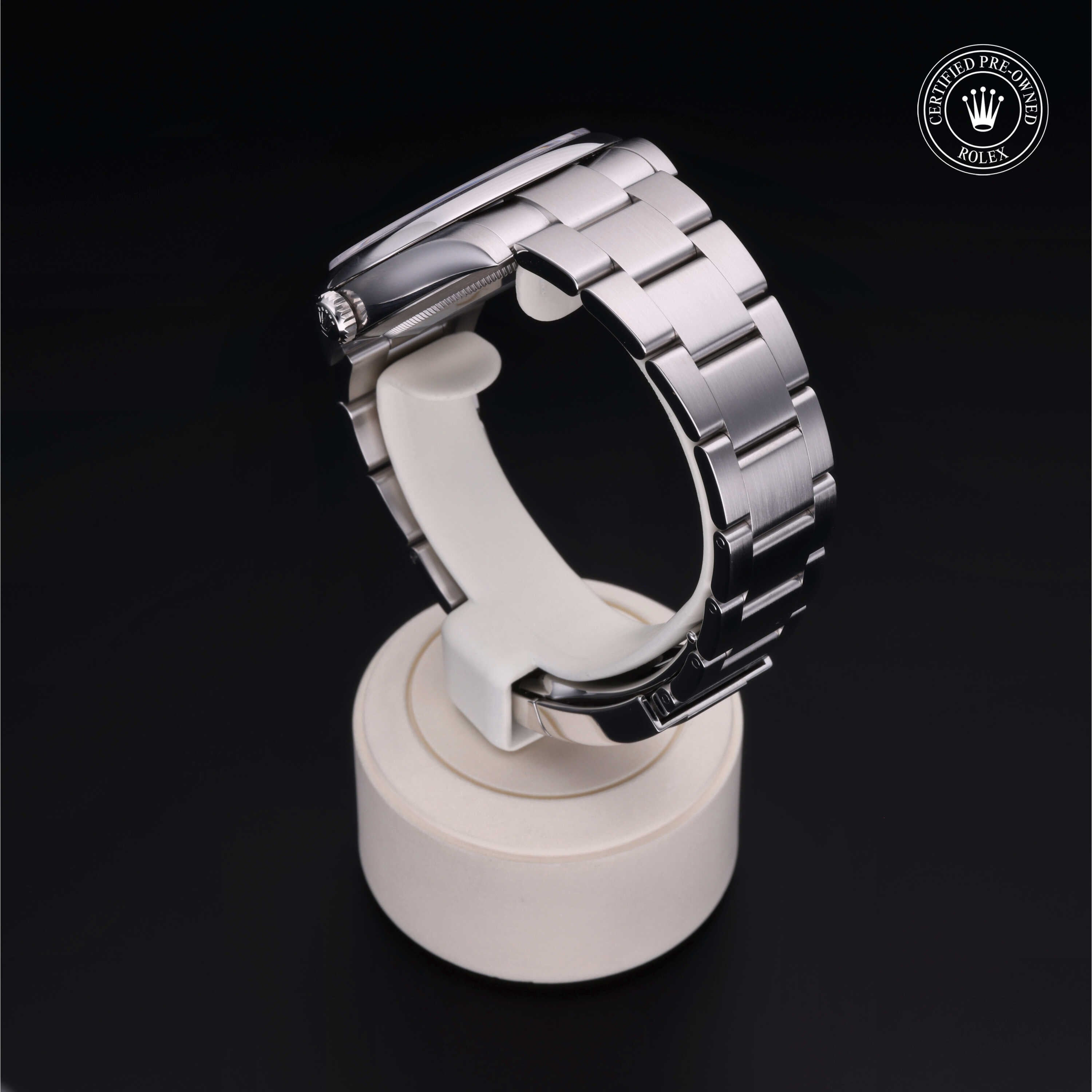 Rolex Certified Pre-owned Oyster Perpetual M124300-0002 front on black background