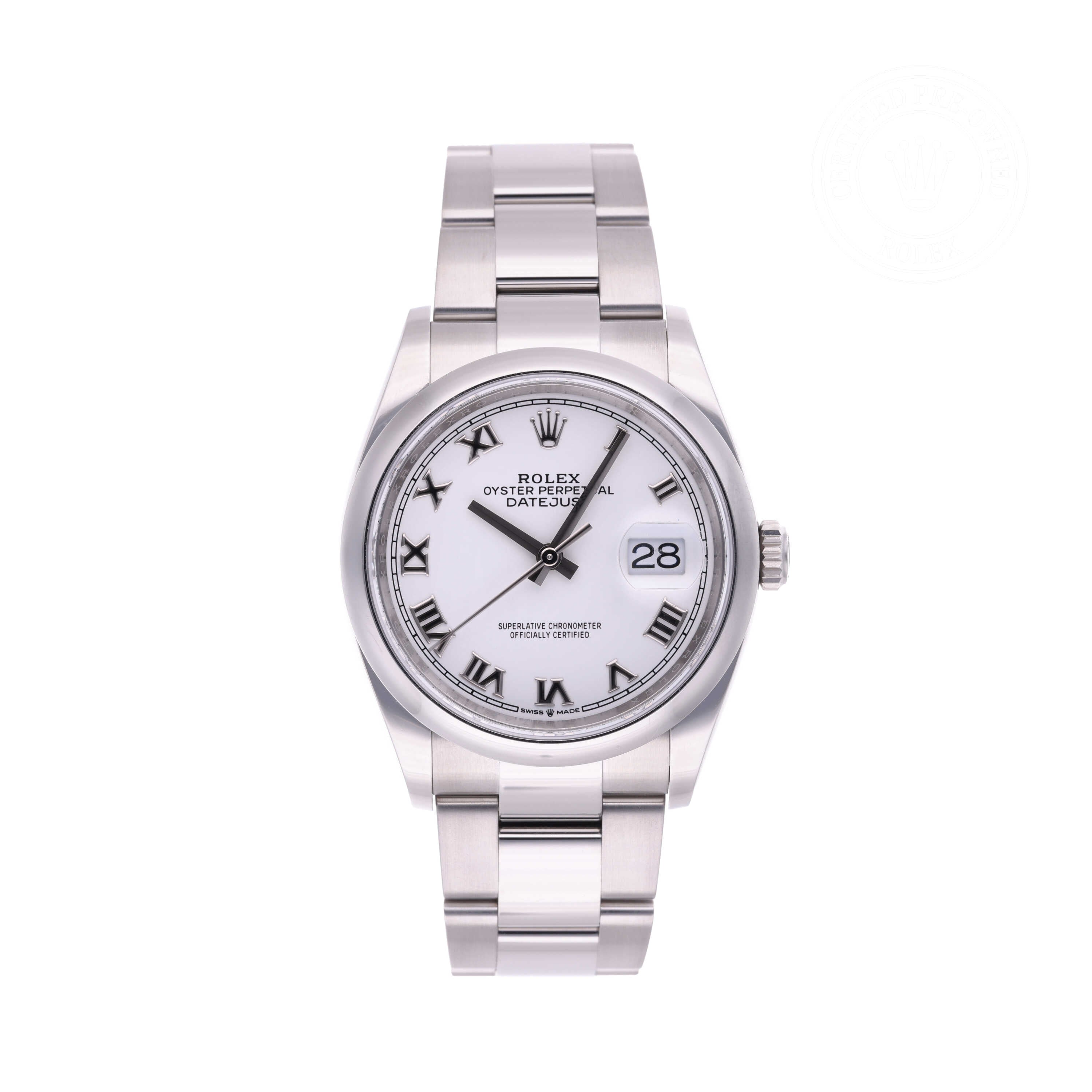 Rolex Certified Pre-owned Datejust M126200-0008 front on white background