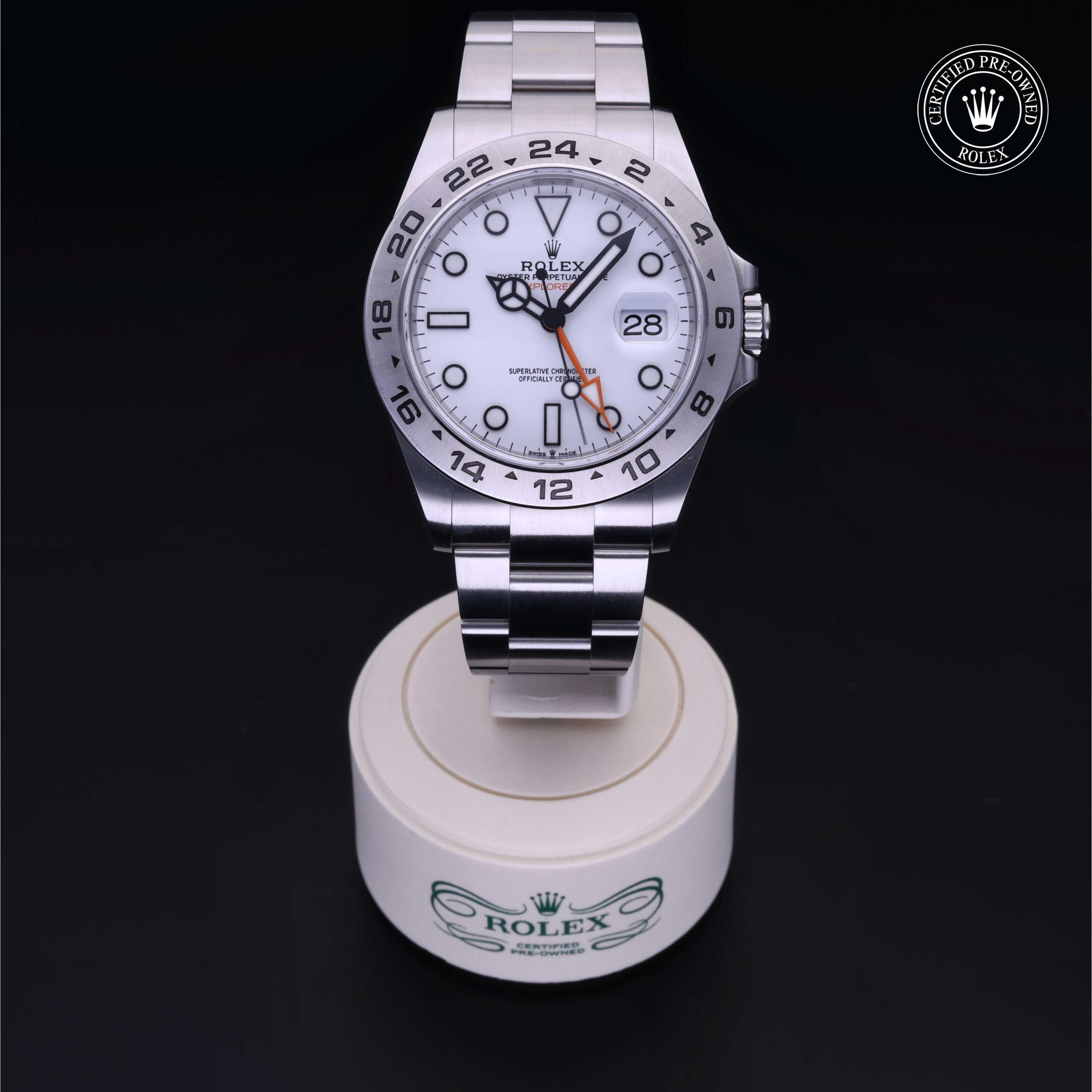 Rolex Certified Pre-owned Explorer M226570-0001 front on black background