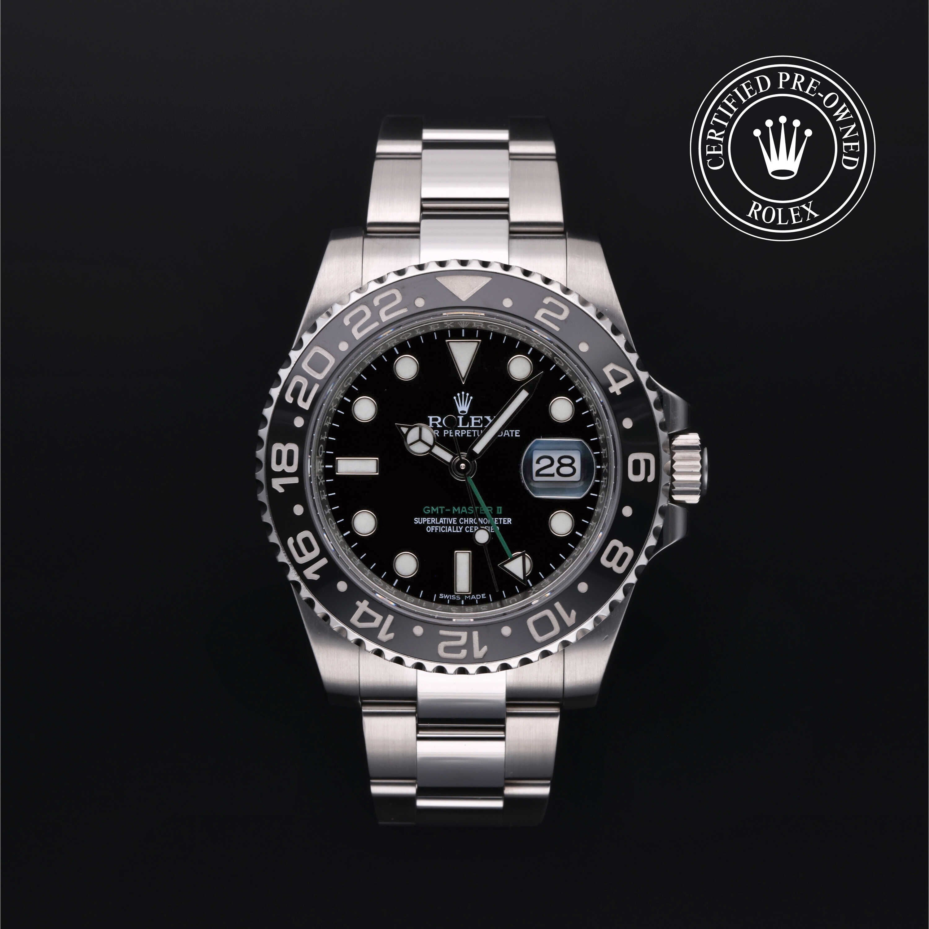 Rolex Certified Pre-owned GMT M116710LN-0001 front on black background