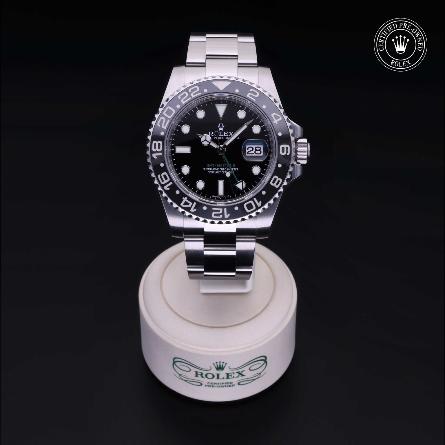 Rolex Certified Pre-owned GMT M116710LN-0001 front on black background