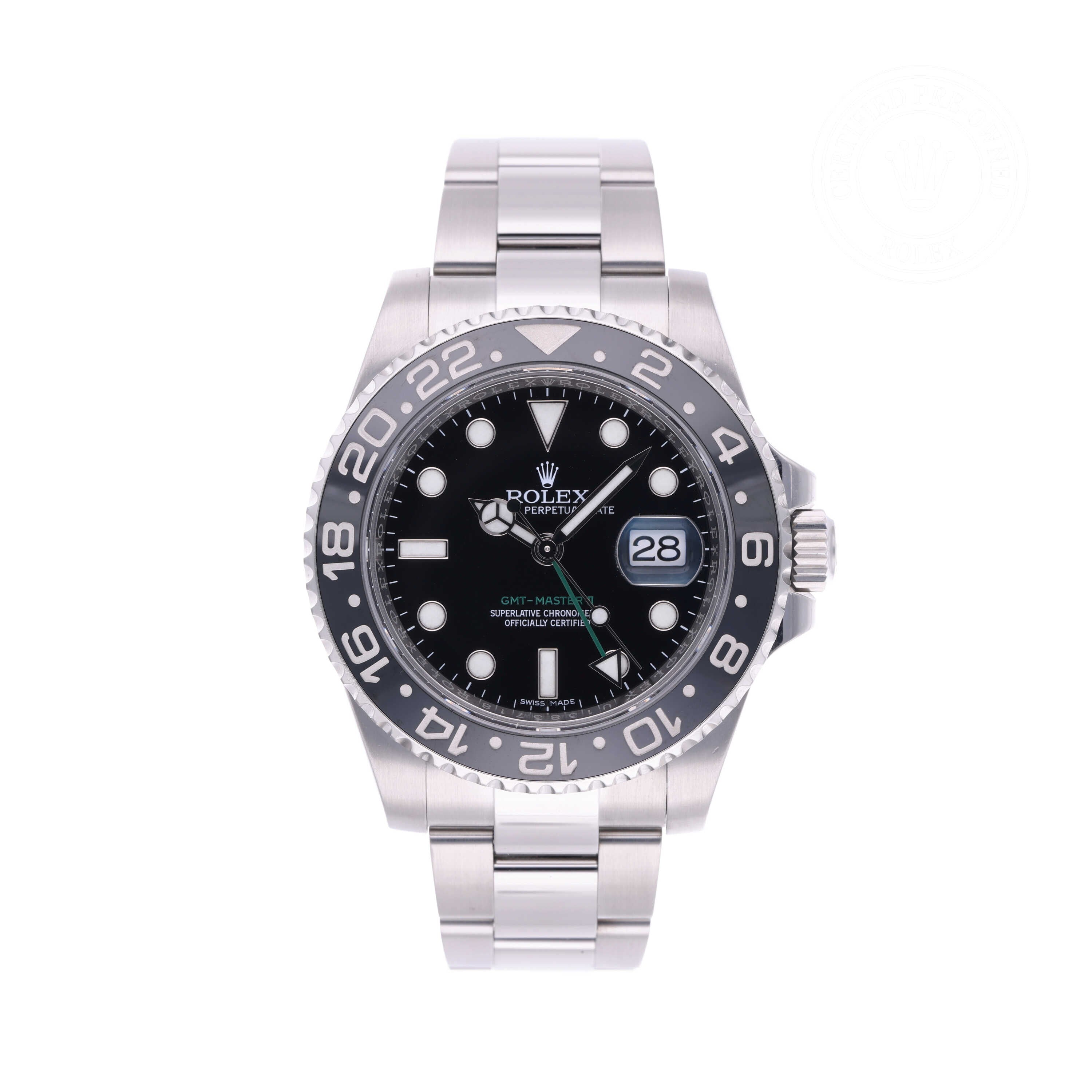 Rolex Certified Pre-owned GMT M116710LN-0001 front on white background