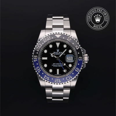 Rolex Certified Pre-owned GMT M116710BLNR-0002 front on black background