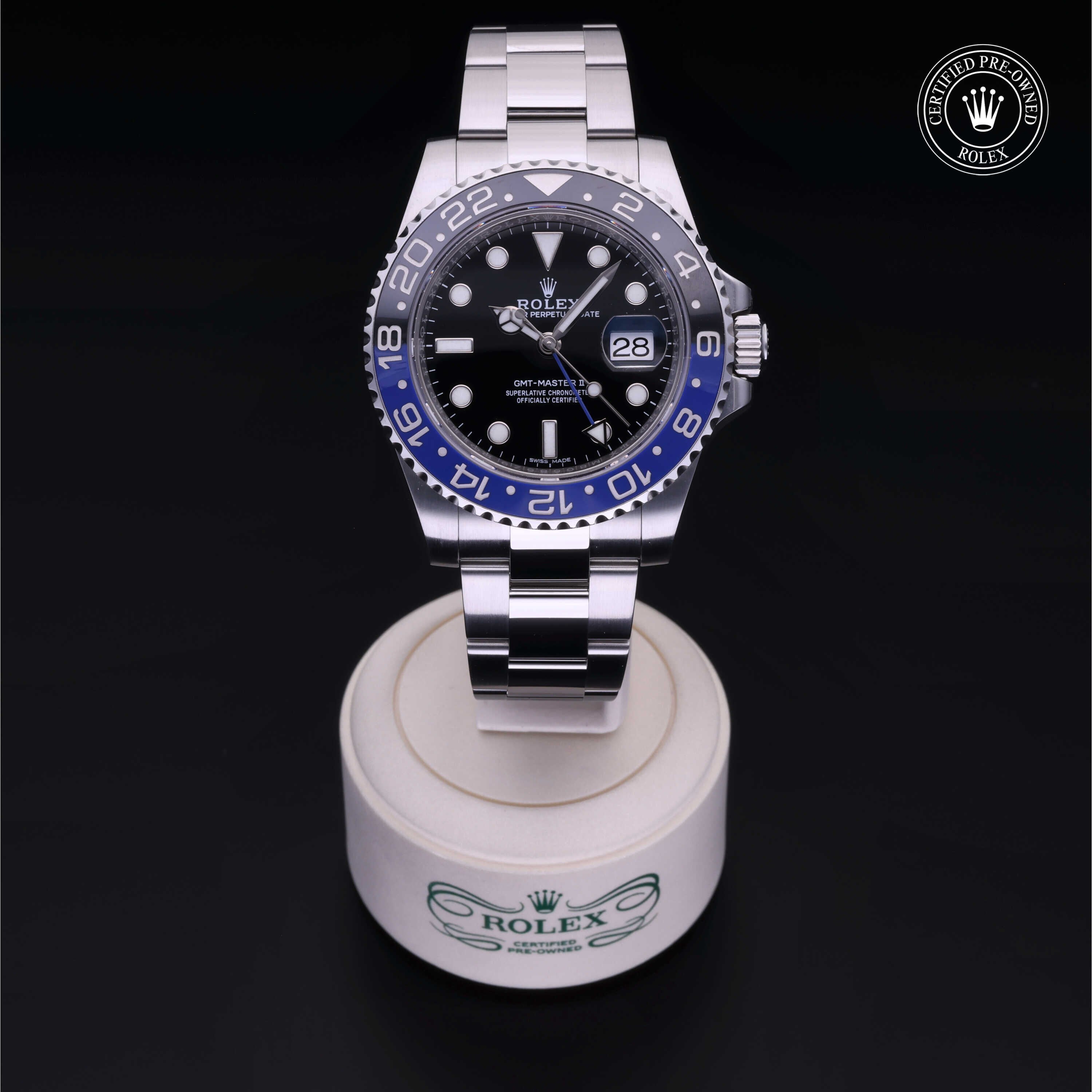 Rolex Certified Pre-owned GMT M116710BLNR-0002 front on black background