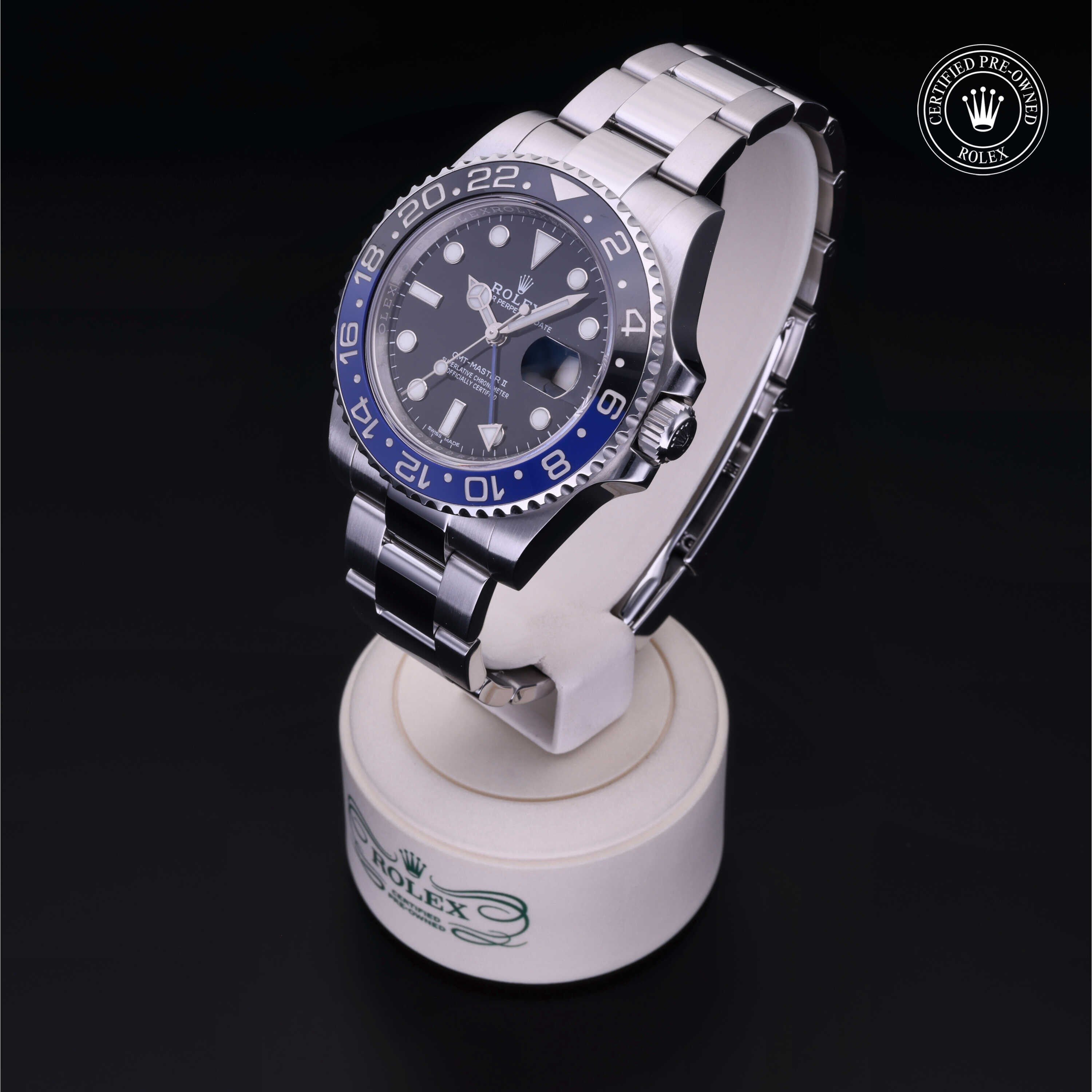 Rolex Certified Pre-owned GMT M116710BLNR-0002 front on black background