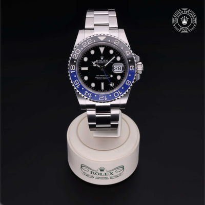 Rolex Certified Pre-owned GMT M126710BLNR-0003 front on black background