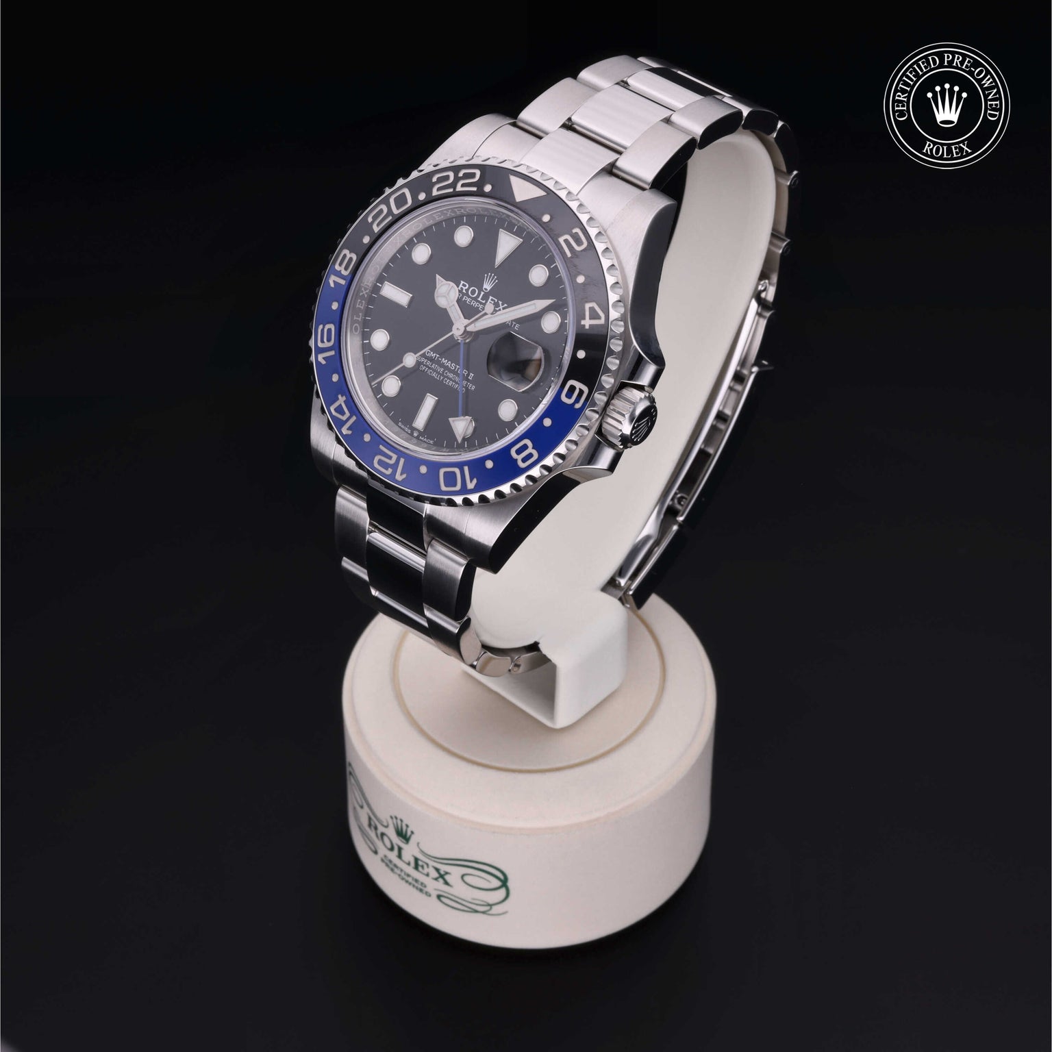 Rolex Certified Pre-owned GMT M126710BLNR-0003 front on black background