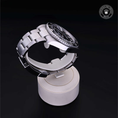Rolex Certified Pre-owned GMT M116710LN-0001 front on black background