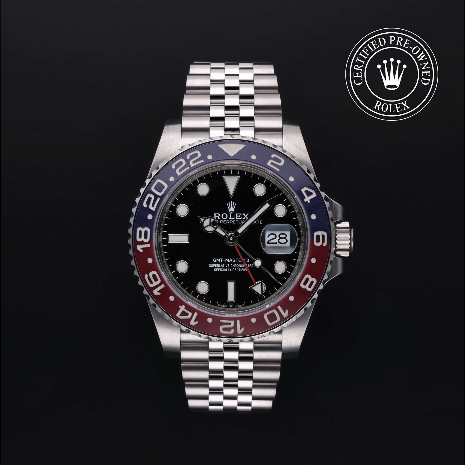 Rolex Certified Pre-owned GMT M126710BLRO-0001 front on black background