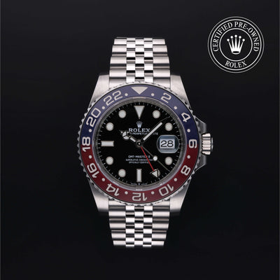 Rolex Certified Pre-owned GMT M126710BLRO-0001 front on black background
