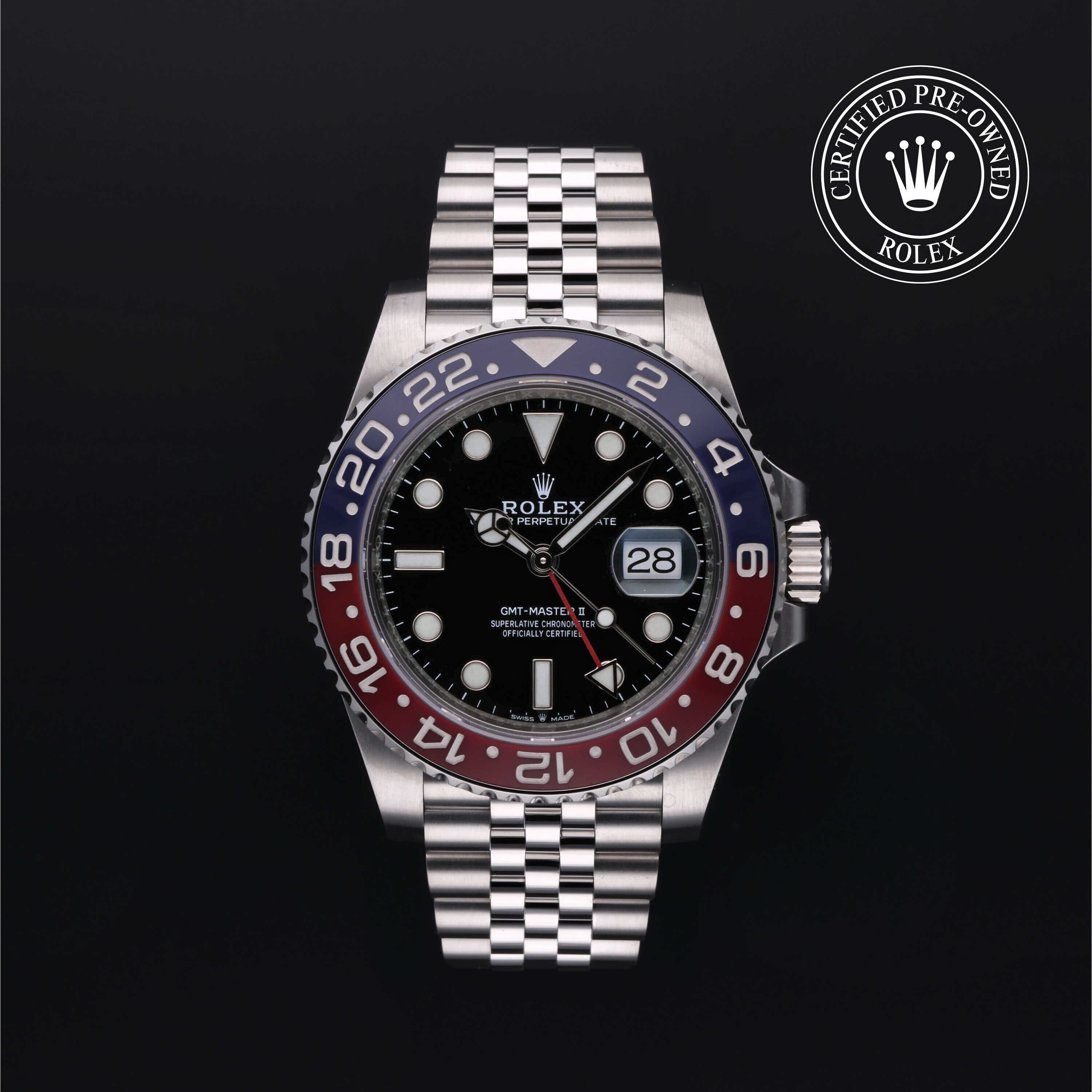 Rolex Certified Pre-owned GMT M126710BLRO-0001 front on black background