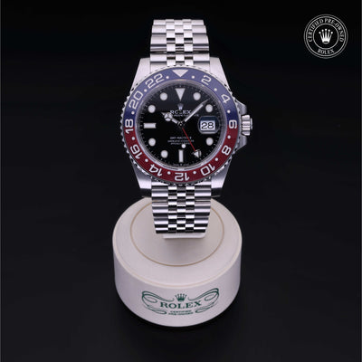 Rolex Certified Pre-owned GMT M126710BLRO-0001 front on black background