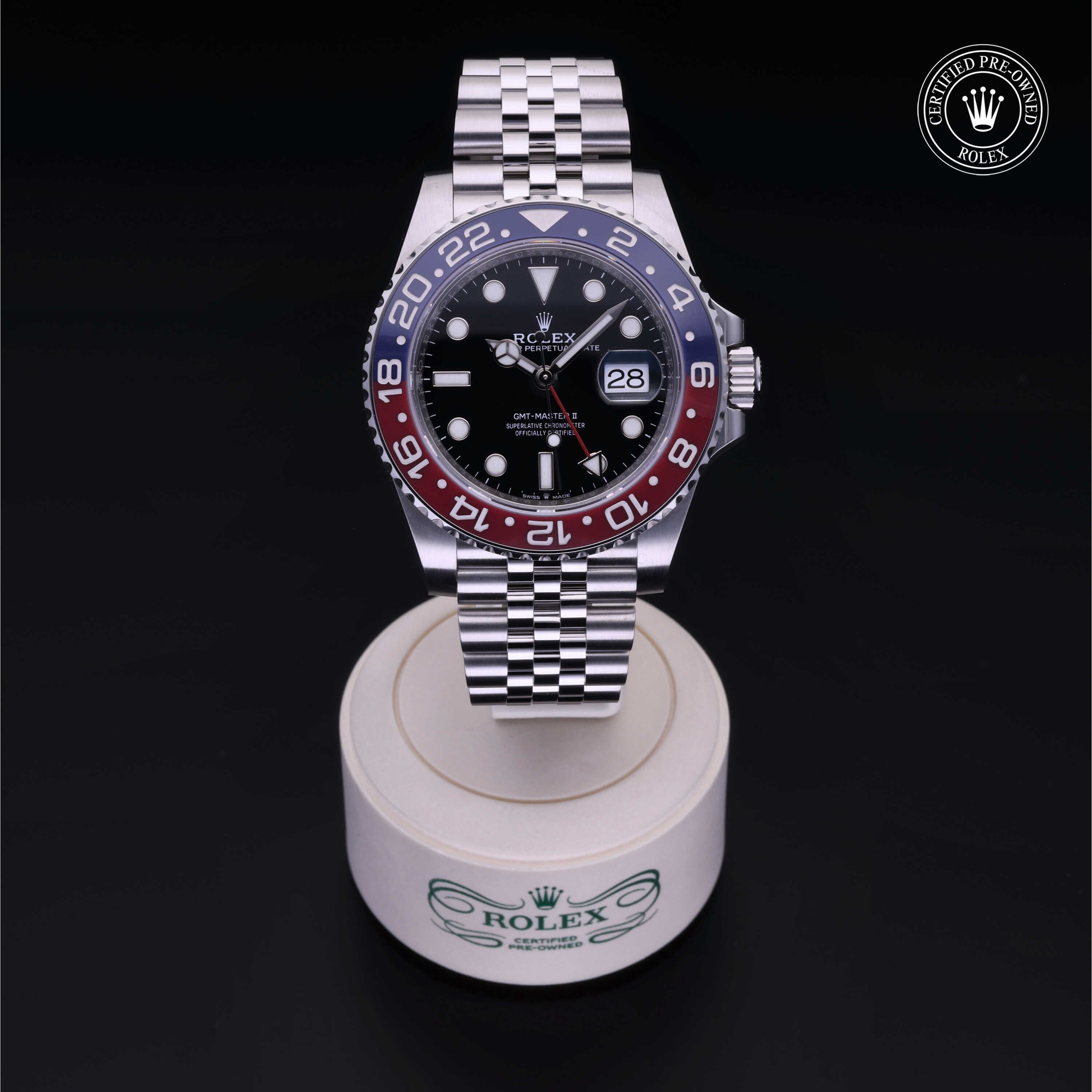 Rolex Certified Pre-owned GMT M126710BLRO-0001 front on black background