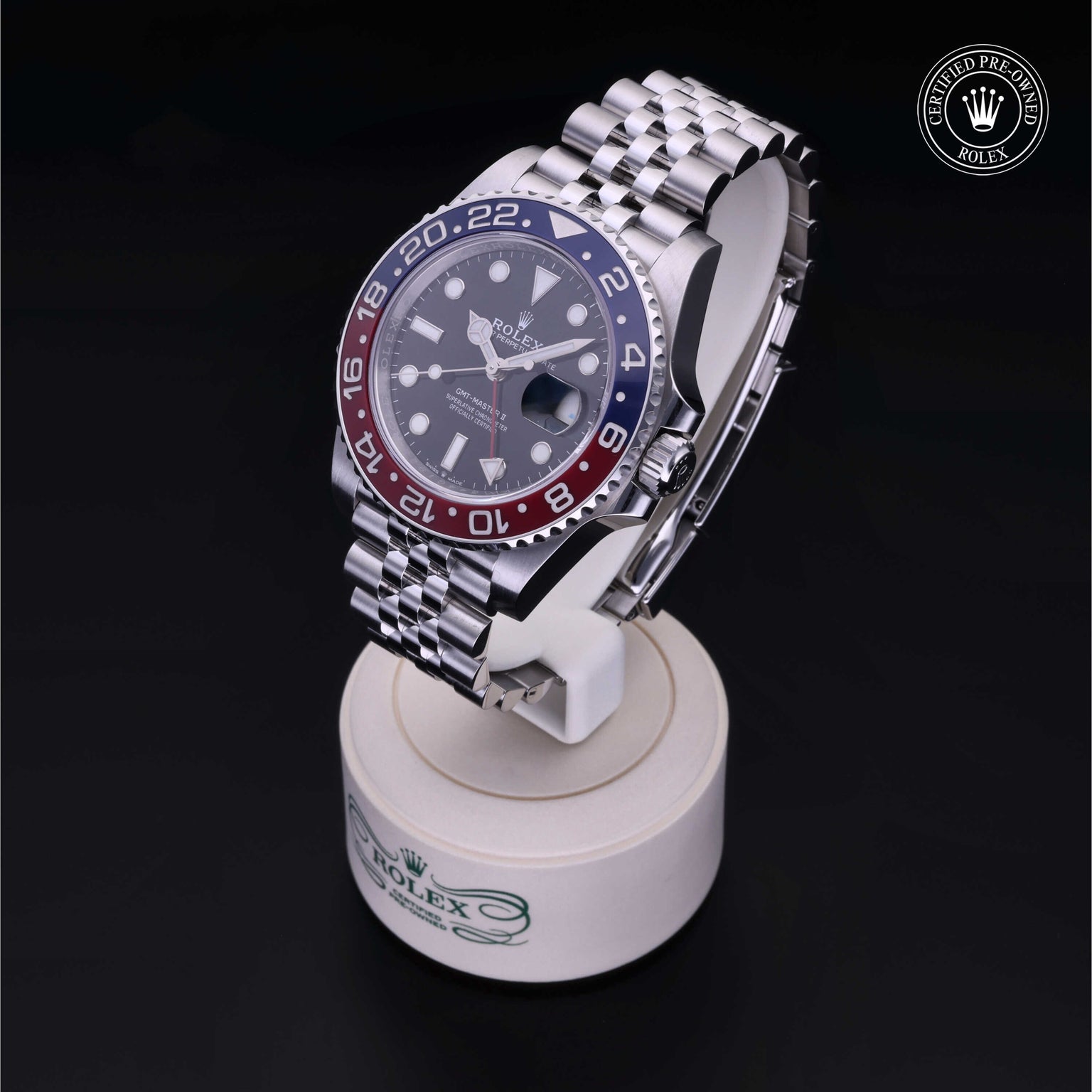 Rolex Certified Pre-owned GMT M126710BLRO-0001 front on black background
