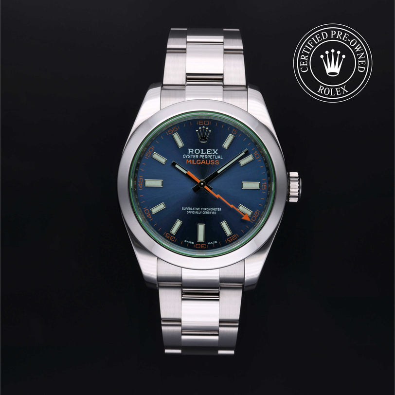 Rolex Certified Pre-owned Milgauss M116400GV-0002 front on black background