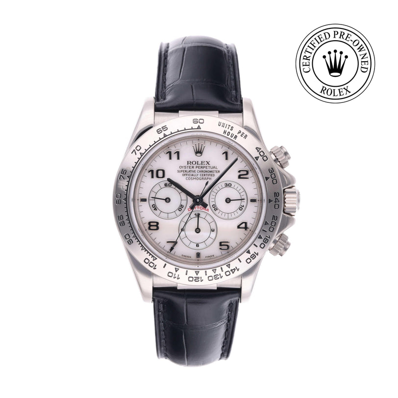 Rolex Certified Pre-owned Daytona M16519-0002 front on white background