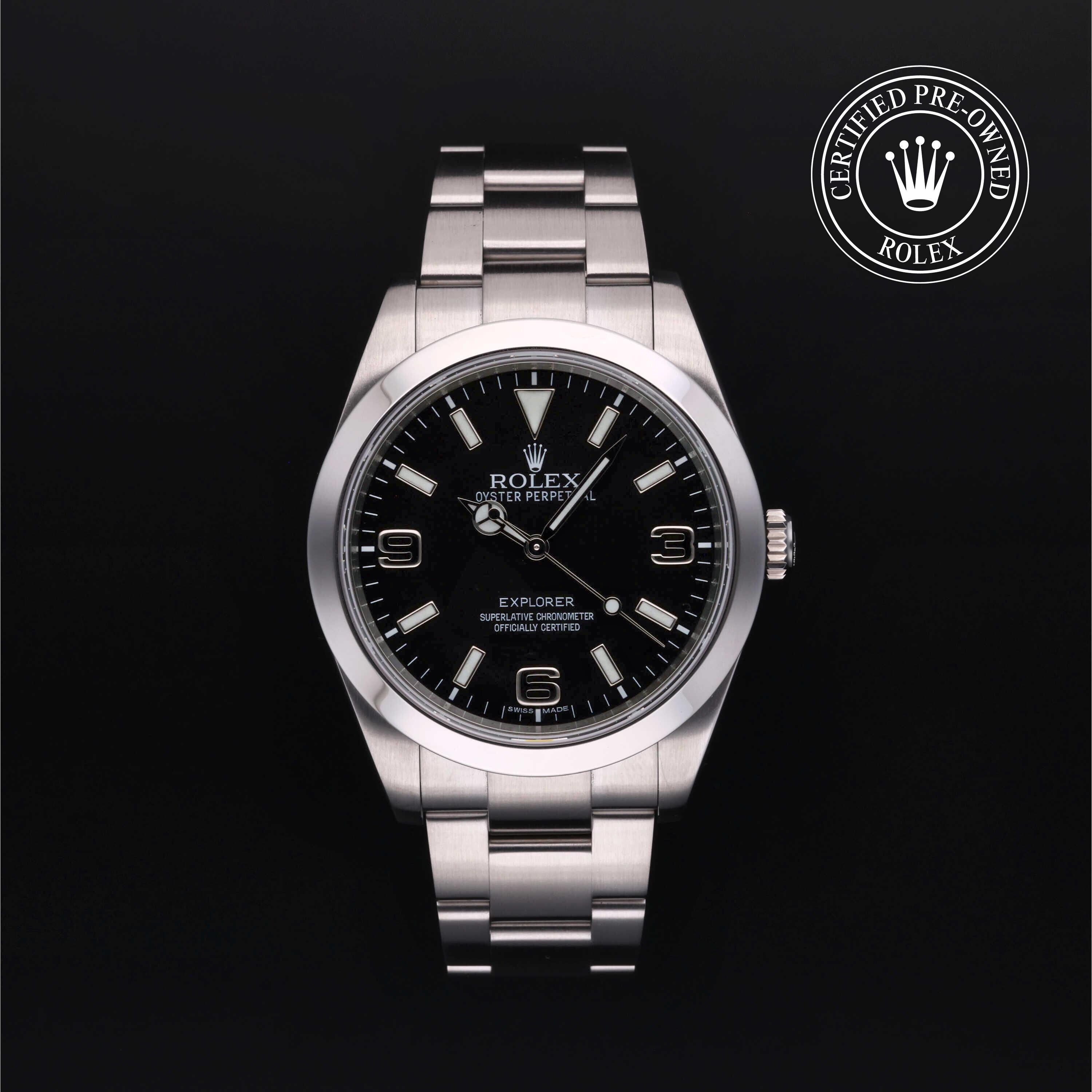 Rolex Certified Pre-owned Explorer M214270-0001 front on black background